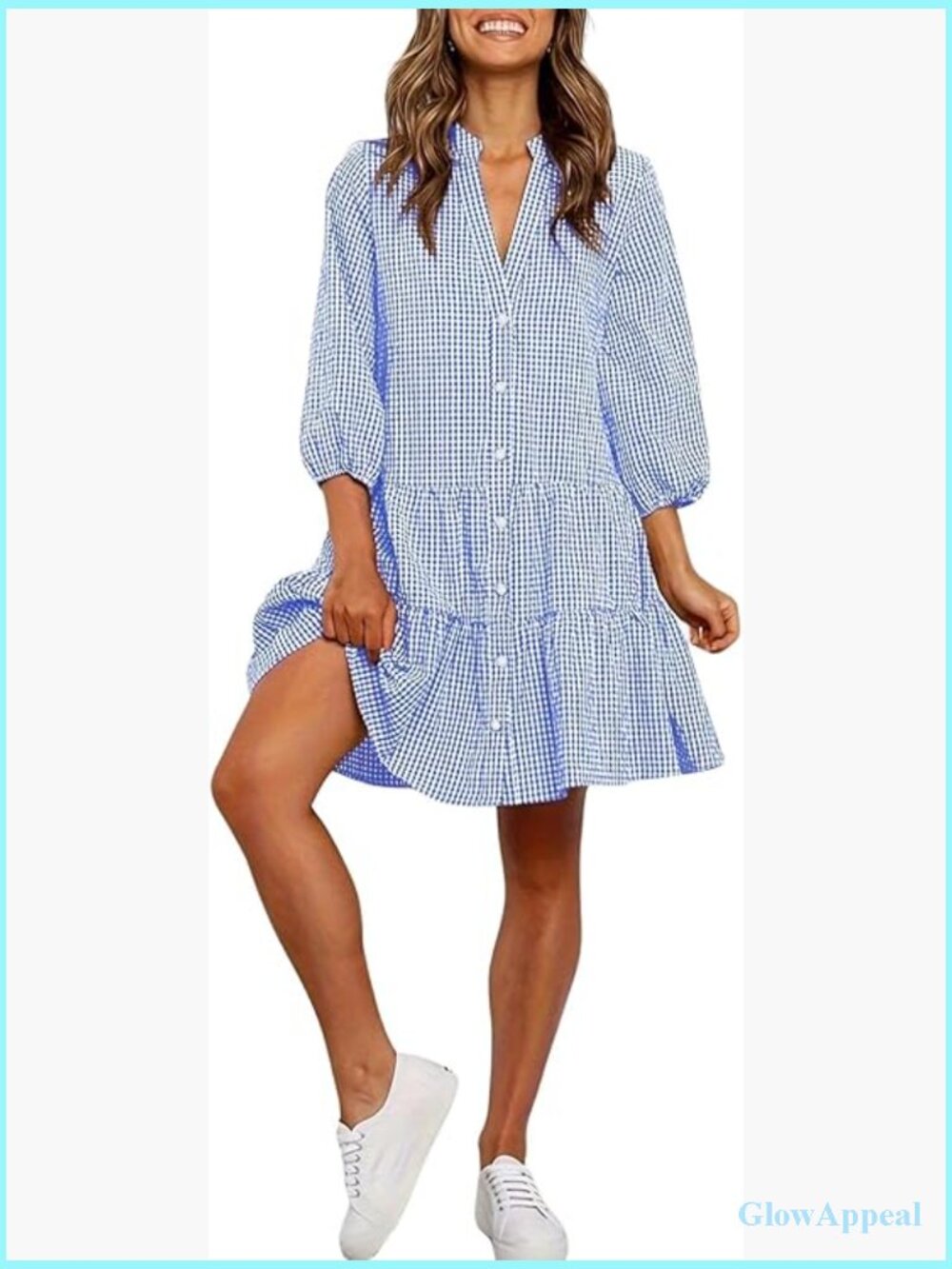 Women's Plaid Shirt Dress 3/4 Puff Sleeve Button Down Midi Dress with Pockets